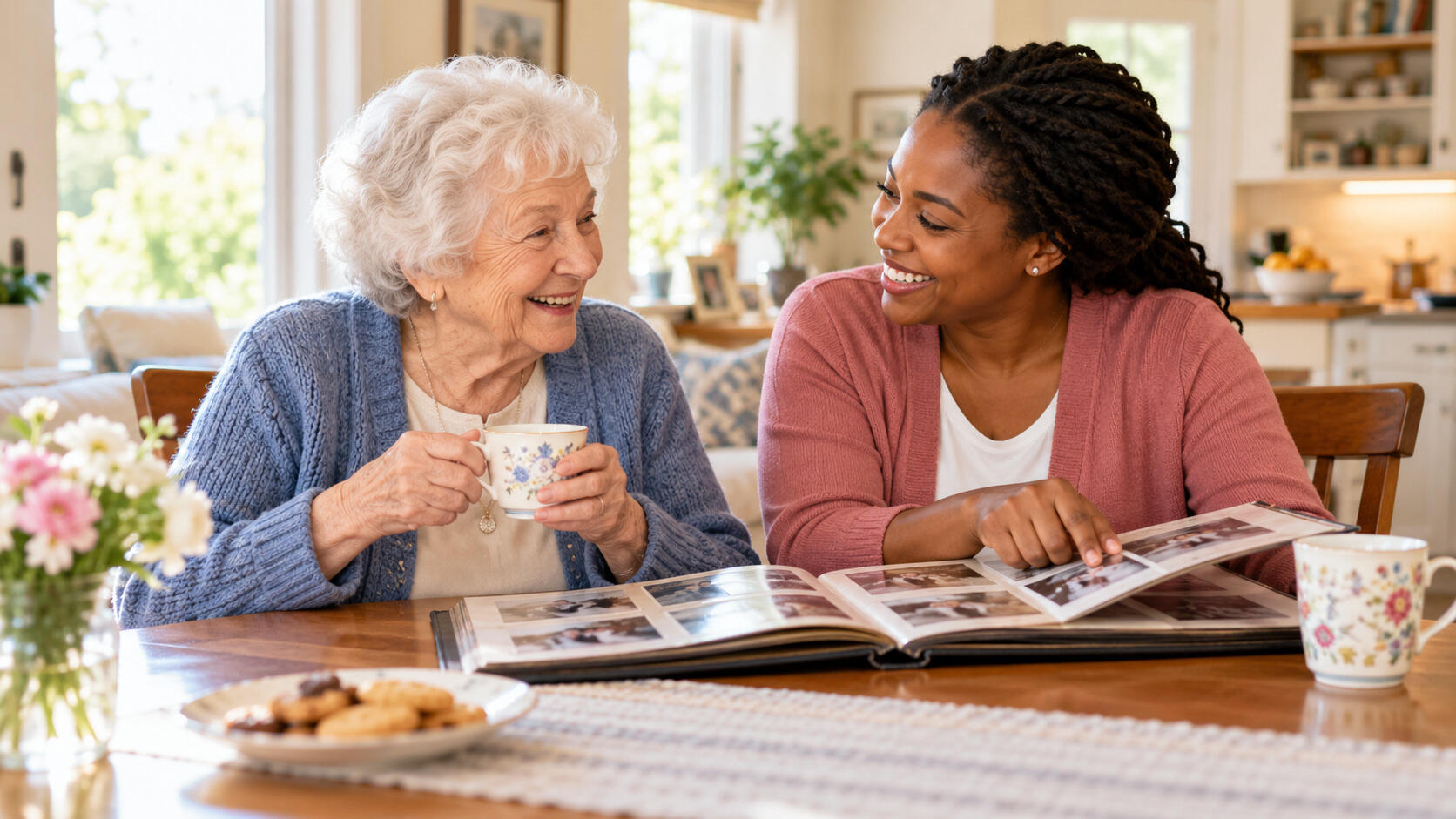 Caregiver sharing a photo album with an elderly client at home
